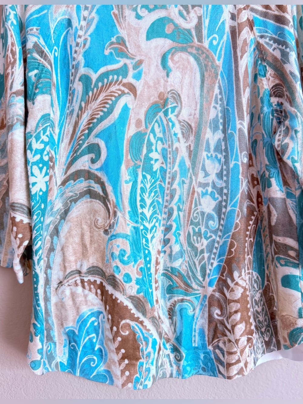 Chico's Blue/Teal Paisley Cotton Blend Knit Top 3/4 Sleeve Pullover Boho Size 3 - Picture 3 of 5